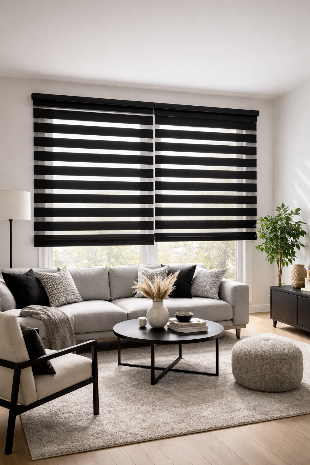 Ambiente residencial real com persianas Double Vision instaladas pela Vagner Decor