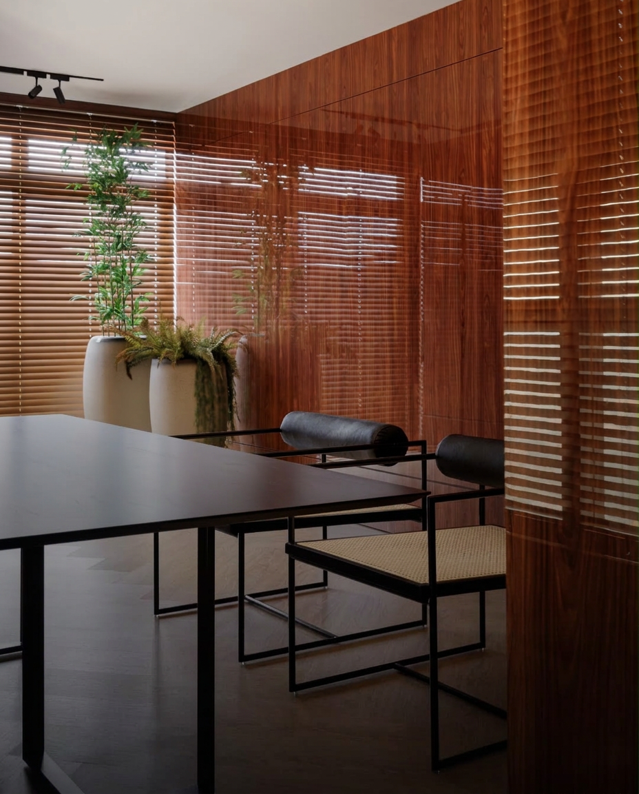 Sala de reunião corporativa com persianas horizontais de madeira instaladas pela Vagner Decor
