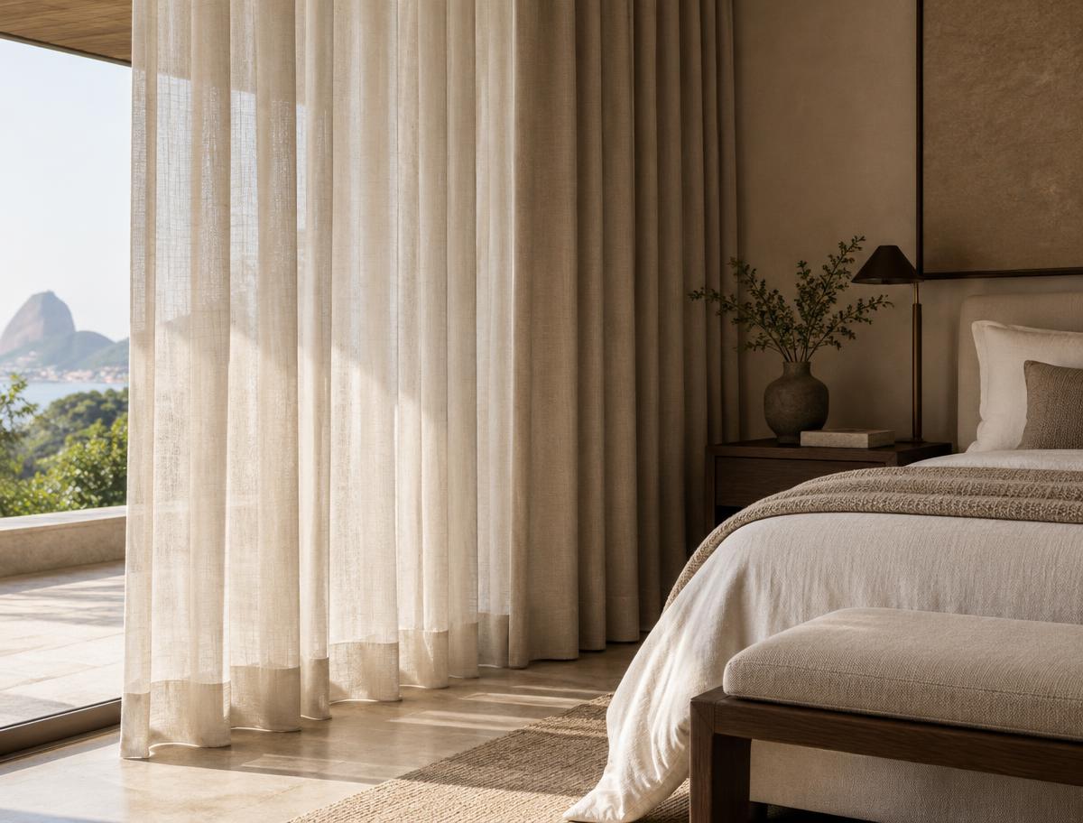 Quarto elegante com cortinas de linho e blackout