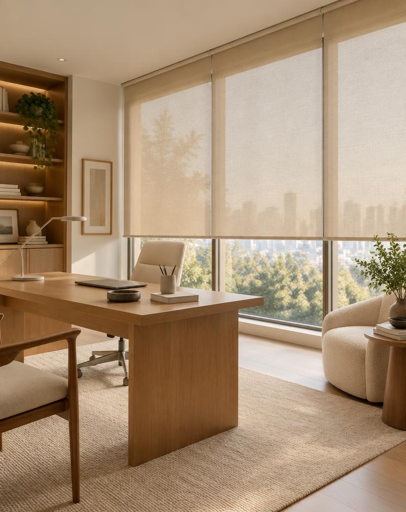 Home office sofisticado com persianas rolô em tecido leve