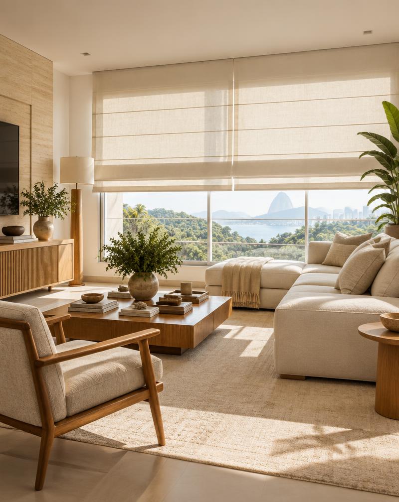 Sala de estar elegante com persianas romana de linho
