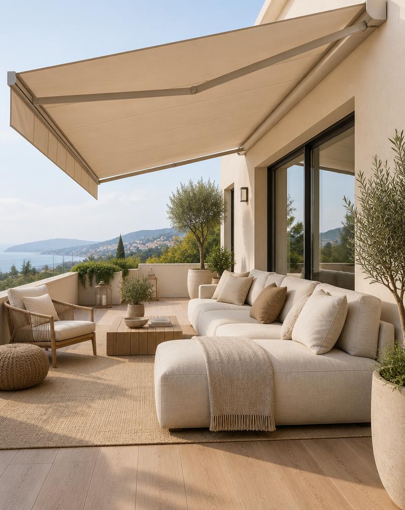 Terraço alto padrão com toldo retrátil em tom neutro